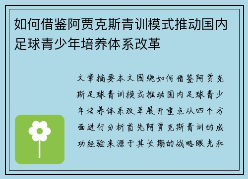 如何借鉴阿贾克斯青训模式推动国内足球青少年培养体系改革