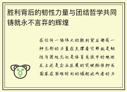 胜利背后的韧性力量与团结哲学共同铸就永不言弃的辉煌
